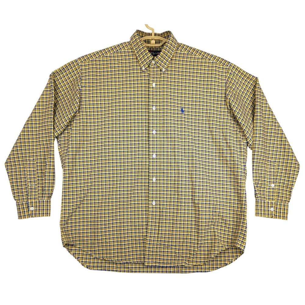 Ralph Lauren Blake Button Down Oversized Shirt Mens XL Yellow Plaid Long Sleeve